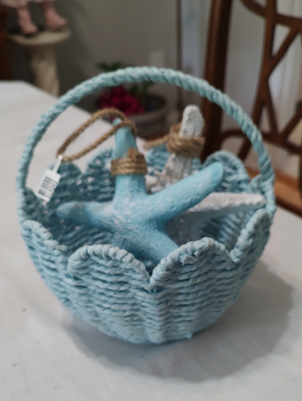 Coastal Woven Basket with Handle - Light Blue And Two Starfish